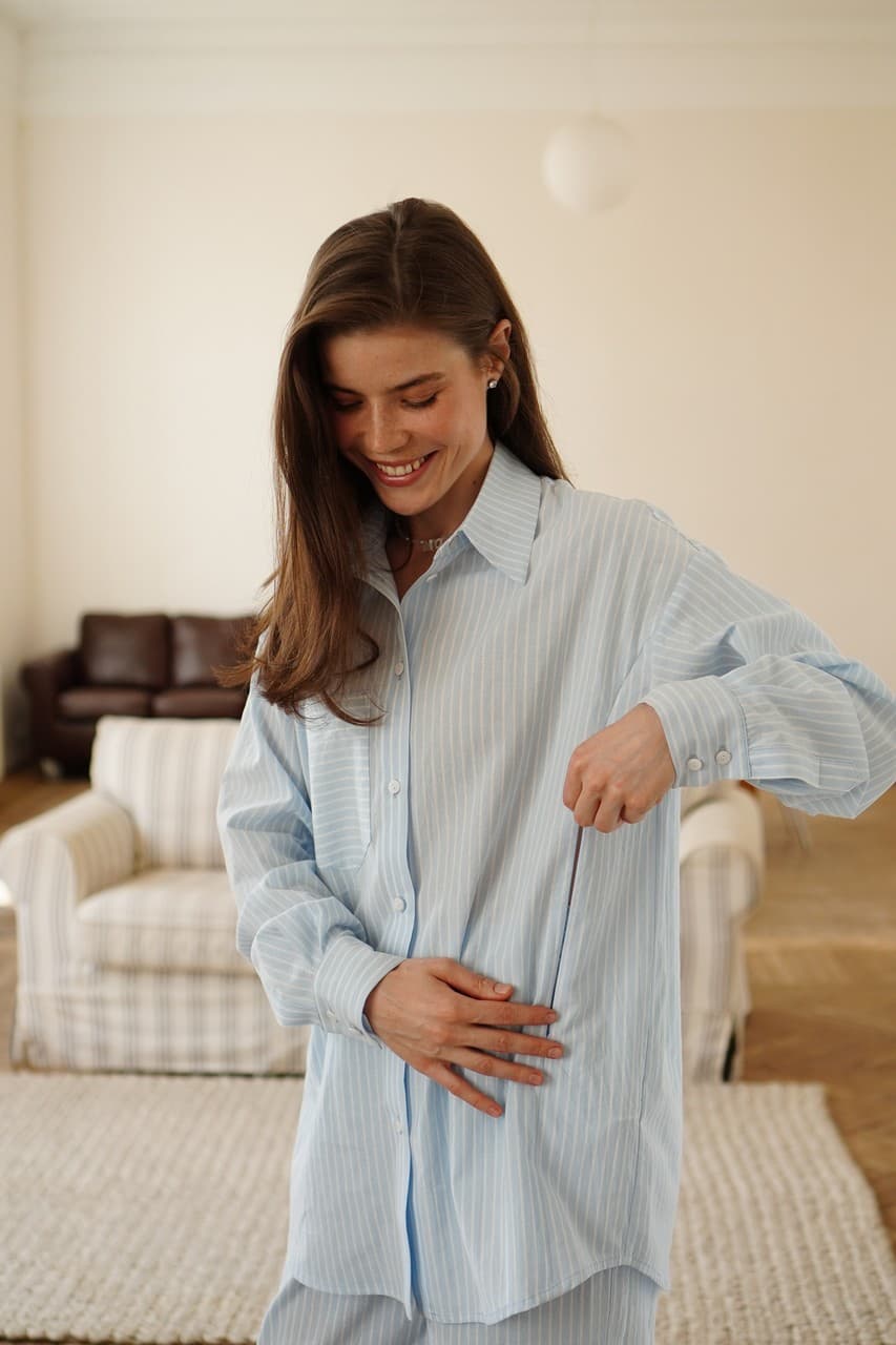 Рубашка из вареного хлопка для беременных и кормящих мам, Голубой 12