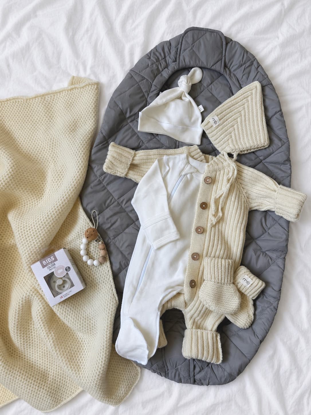 Вязаный меринос и конверт Mimibaby Comfort Серый, Молочный в молочном