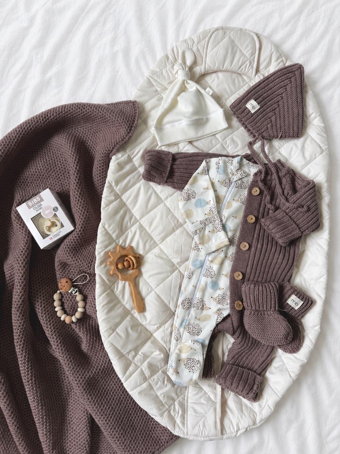 Вязаный меринос и конверт Mimibaby Comfort Молочный, Ёжики в кофейном