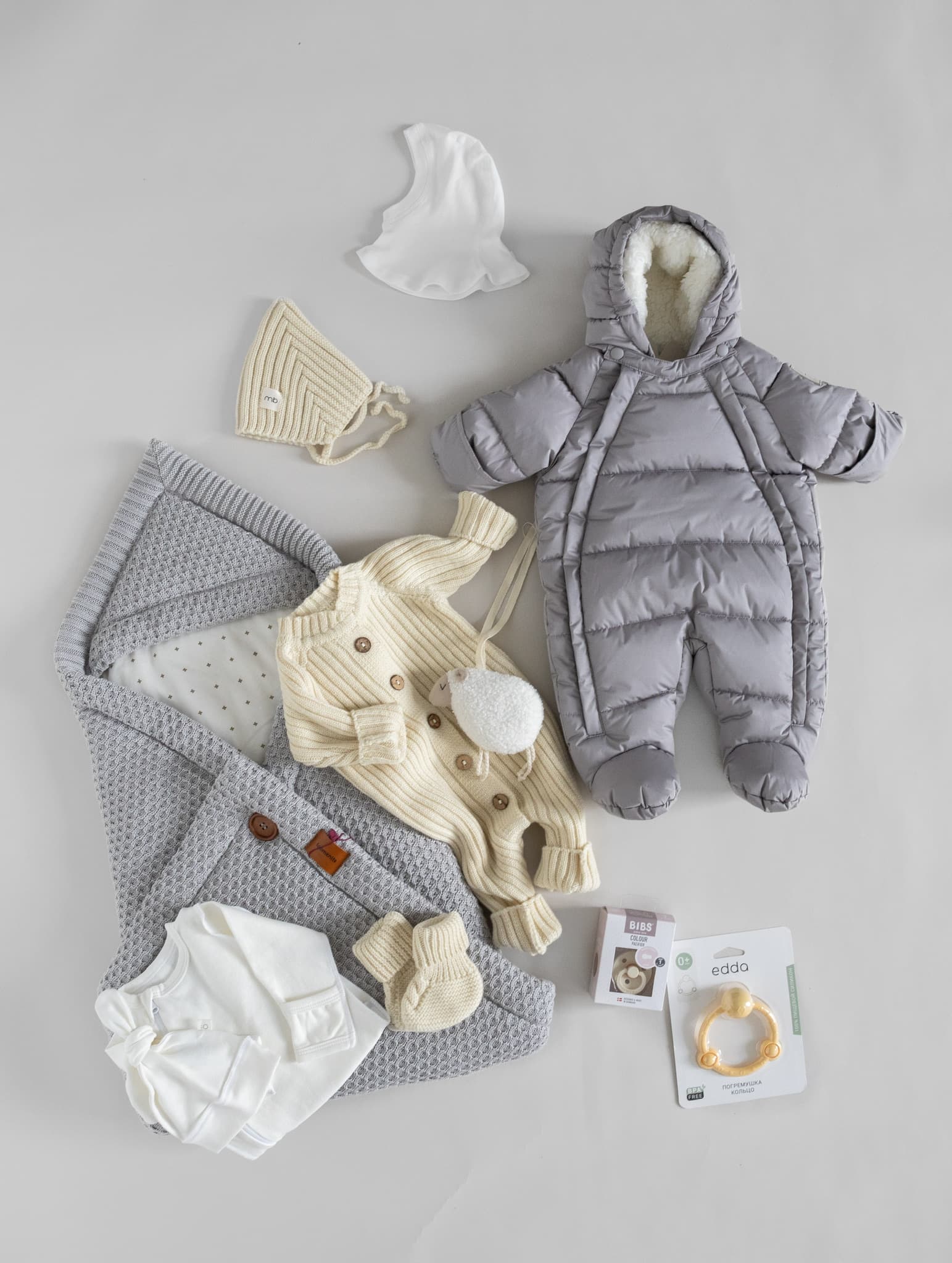 Вязаный меринос Молочный, зимний комбинезон Gray mist, конверт-одеяло 200 г Серый, слип Молочный