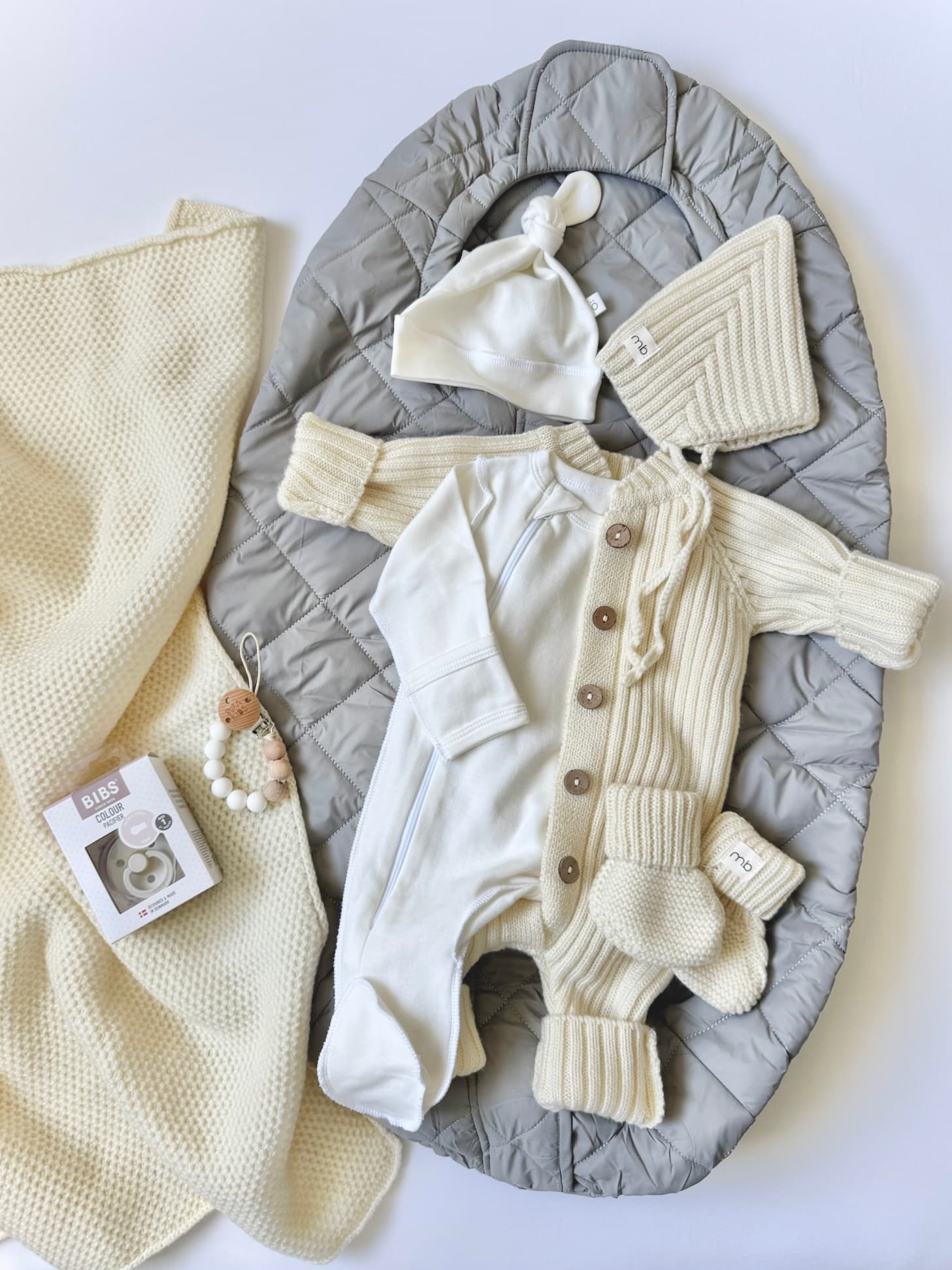 Вязаный меринос и конверт Mimibaby Comfort Серый, Молочный в молочном