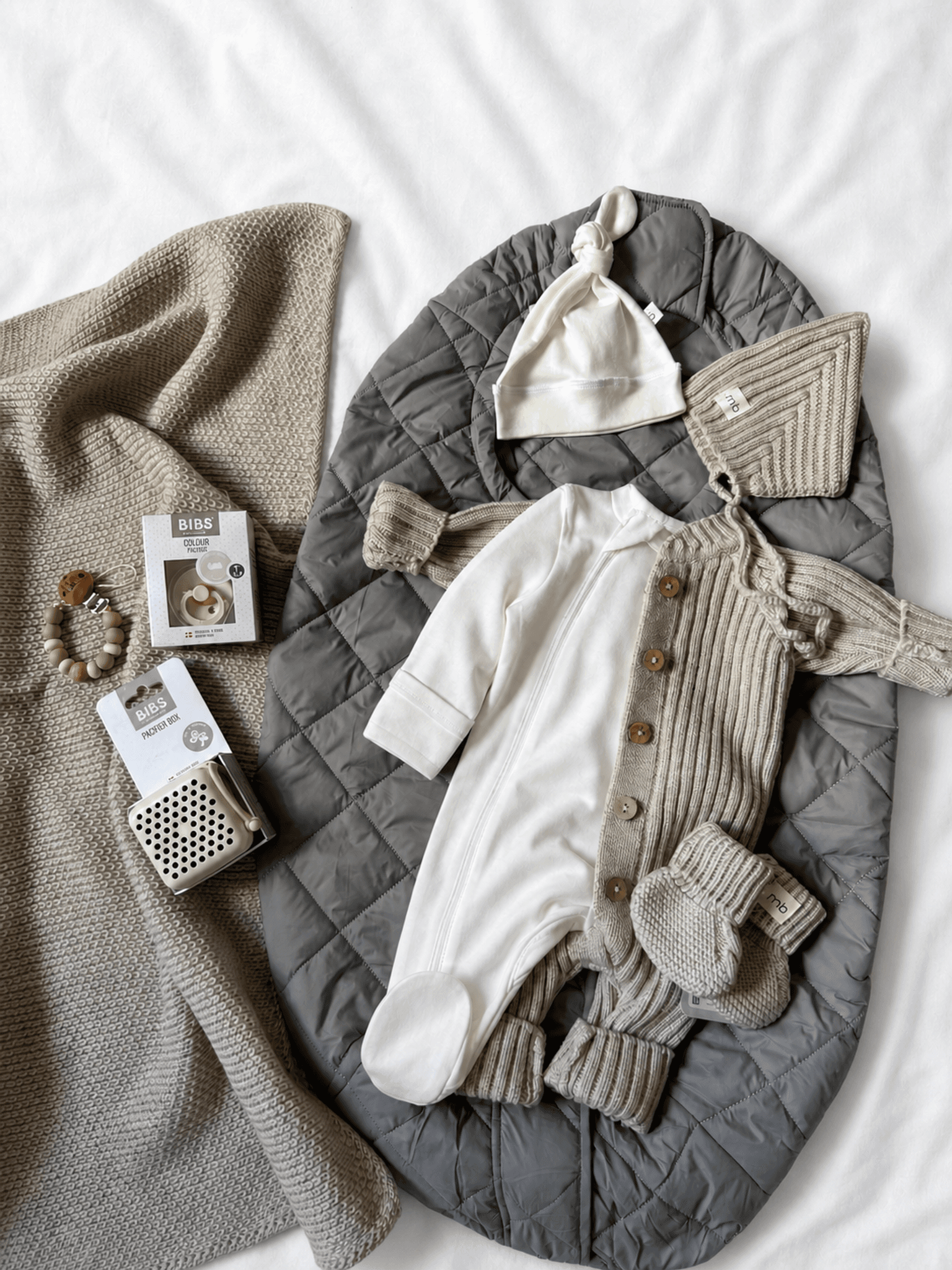 Вязаный меринос и конверт Mimibaby Comfort Серый, Молочный в жемчужном
