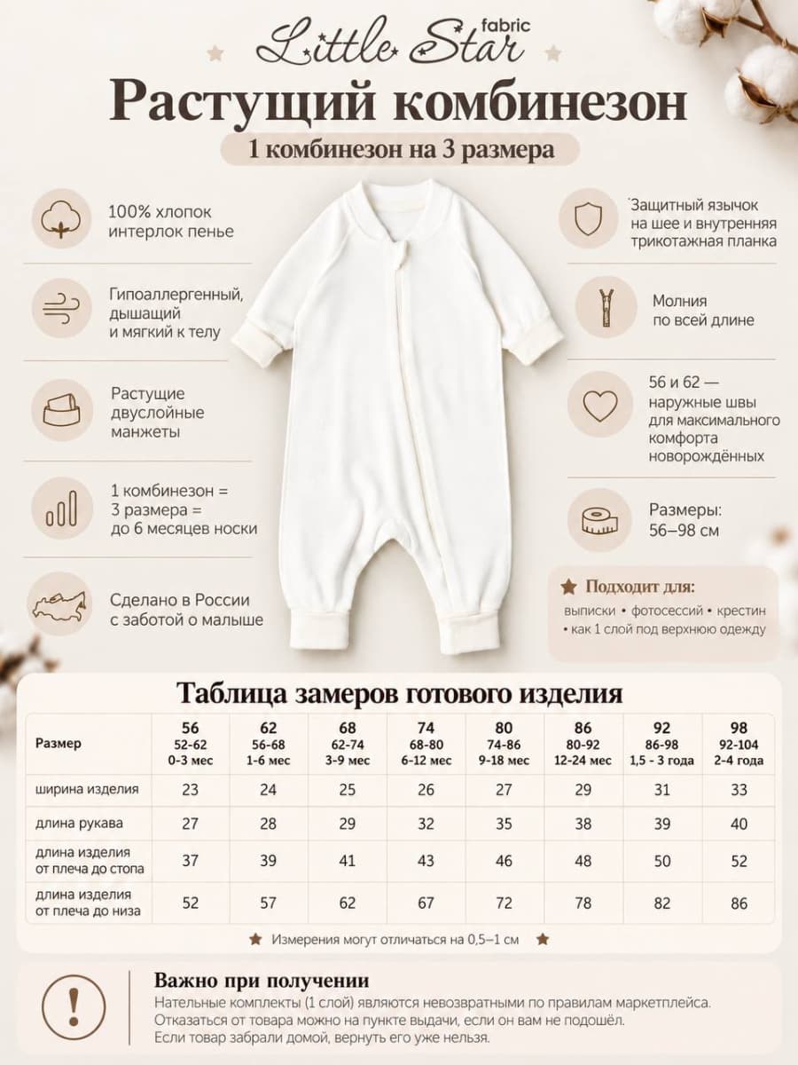 Комбинезон растущий на молнии "Мишки", Крем 5