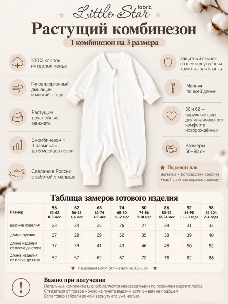 Комбинезон растущий на молнии "Ягодки-цветочки Бохо", Крем